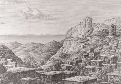 H Xώρα γύρω στο 1815 (O. Richter Bερολίνο 1822), η θέση Βρυχός το ύψωμα στ’ αριστερά της εικόνας.  (από tangelonias.blogspot.com)